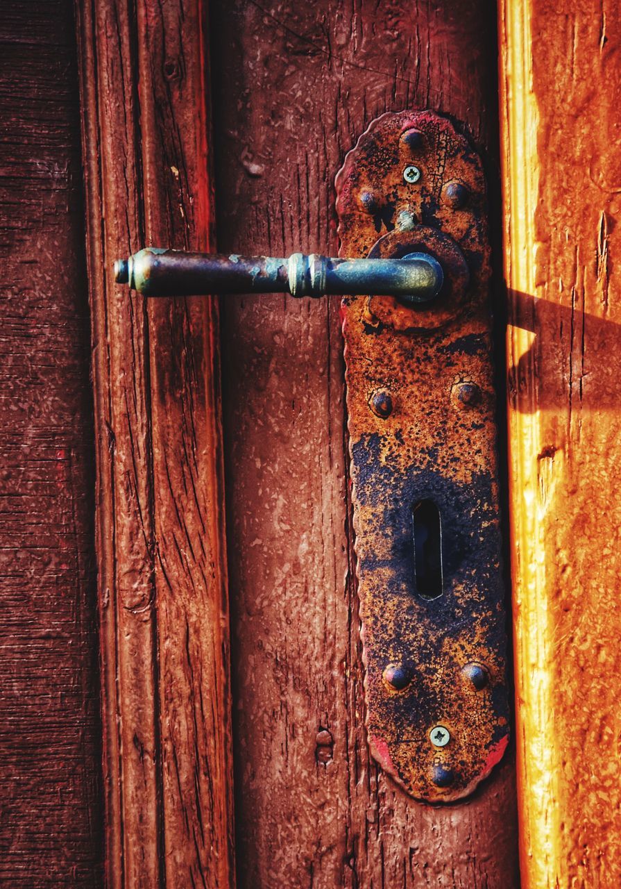 entrance, door, metal, protection, security, safety, lock, wood - material, close-up, closed, rusty, no people, old, latch, weathered, knob, doorknob, backgrounds, keyhole, decline, deterioration