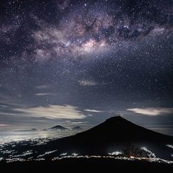 Scenic view of mountains against sky at night