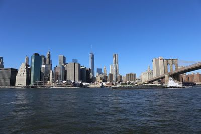 River and buildings against clear sky