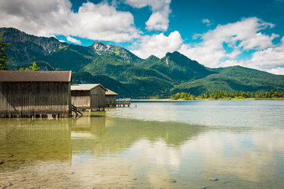 Scenic view of lake by mountains against sky