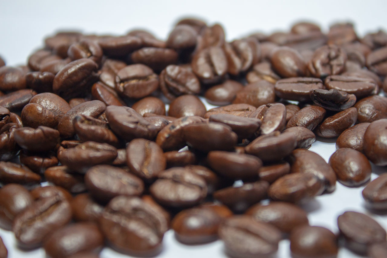 CLOSE-UP OF ROASTED COFFEE BEANS IN CONTAINER