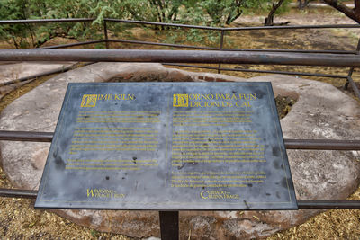 High angle view of text on metal fence