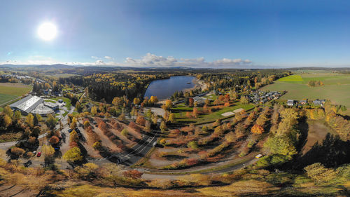 High angle view of land against sky
