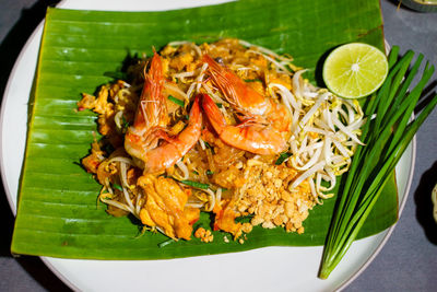 High angle view of food in plate on table