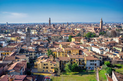 High angle view of townscape against clear sky