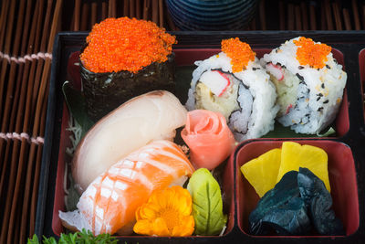 High angle view of sushi in tray