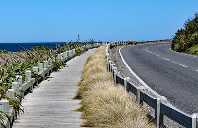 Panoramic shot of footpath by sea against clear sky