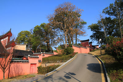 Road amidst trees and buildings against sky
