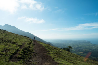 Rear view of people walking on landscape
