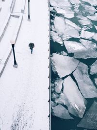 High angle view of man walking on snow covered pathway by icebergs in river