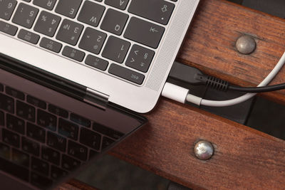 High angle view of laptop keyboard on table