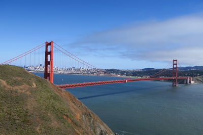 View of suspension bridge over sea