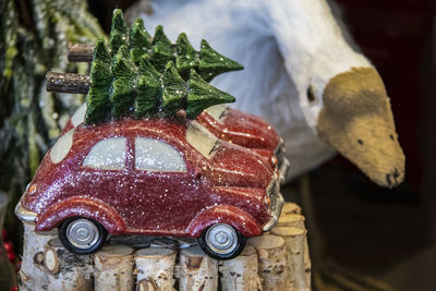 Close-up of christmas decorations on snow