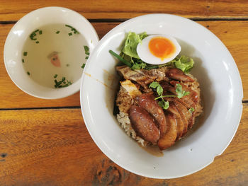 High angle view of meal served on table