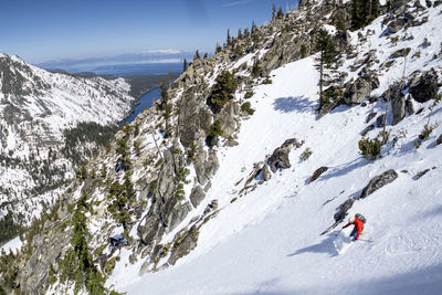 Man skiing down mountain in tahoe