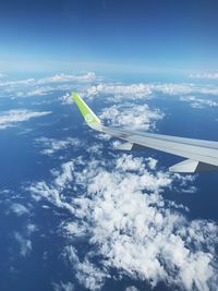 Aerial view of airplane flying in sky