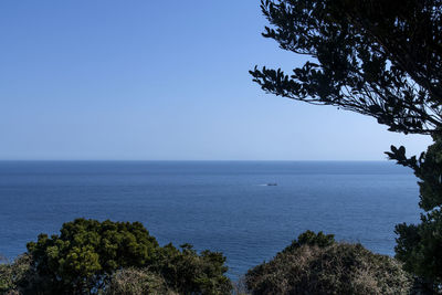 Scenic view of sea against clear blue sky