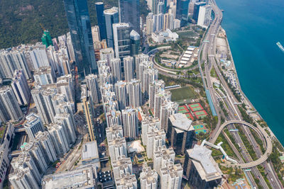 High angle view of modern buildings in city