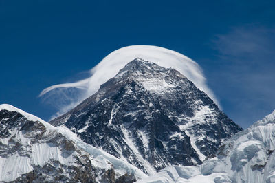 Low angle view of snowcapped mountains against blue sky