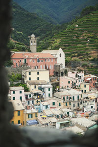 Close-up of houses against mountain