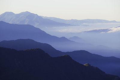 Scenic view of silhouette mountains against sky