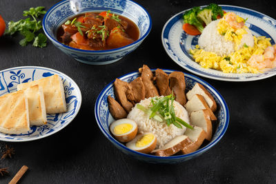 High angle view of food served on table