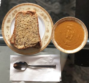 High angle view of breakfast on table