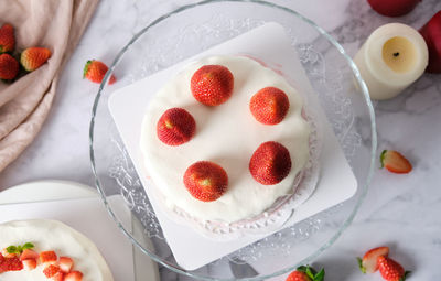 High angle view of strawberries in plate