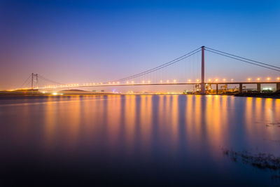 View of suspension bridge over river against blue sky