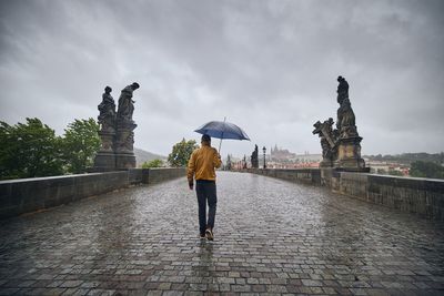 Rear view of wet statue against sky during rainy season