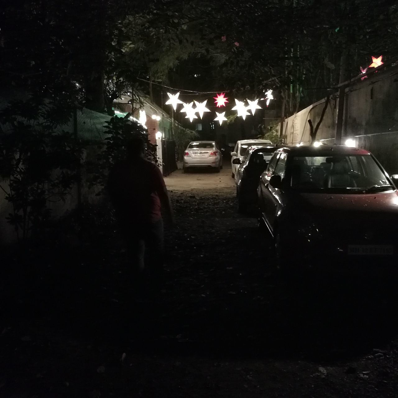 car, night, land vehicle, transportation, illuminated, mode of transport, street, tree, outdoors, real people, road, the way forward, building exterior, architecture