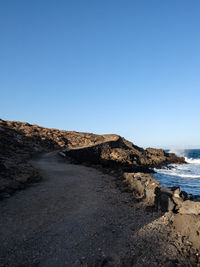 Scenic view of beach against clear blue sky