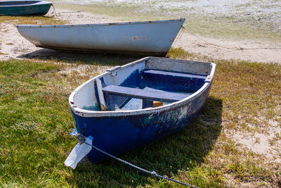 High angle view of abandoned boat moored on shore