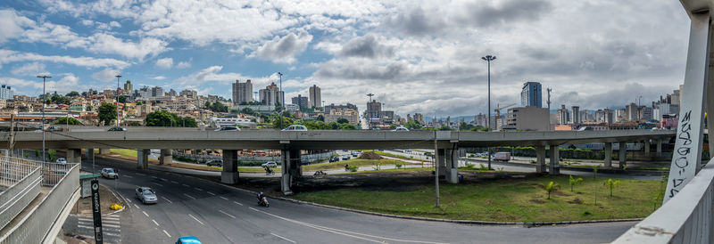 View of cityscape against cloudy sky