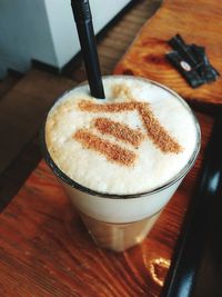 High angle view of cappuccino on table