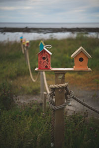 Birdhouses on bollard at beach
