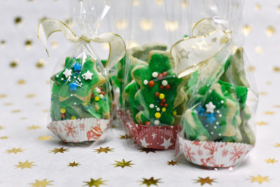 Close-up of multi colored gingerbread cookies on table