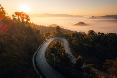 High angle view of landscape against sky during sunset