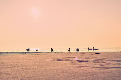 People at beach against sky during sunset