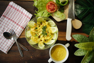 High angle view of breakfast served on table