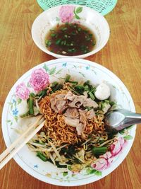 High angle view of meal served on table