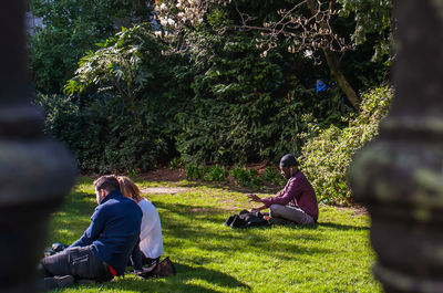 People sitting on grass against trees