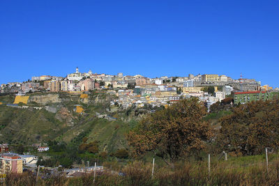 Buildings against clear blue sky