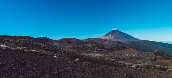 Scenic view of mountains against clear blue sky