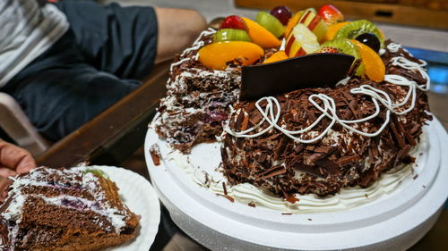 Close-up of cake served on table