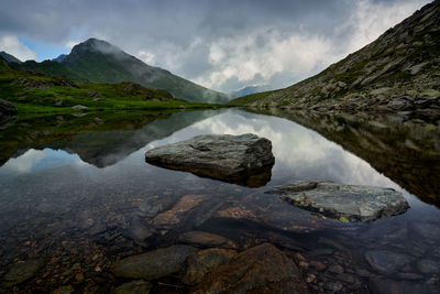 Scenic view of lake and mountains against sky