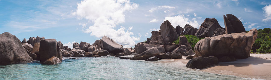 Panoramic view of rocks in sea against sky