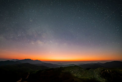 Scenic view of mountains against sky at night