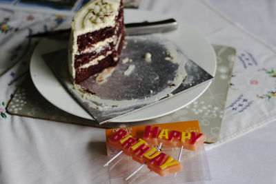 High angle view of chocolate cake on table