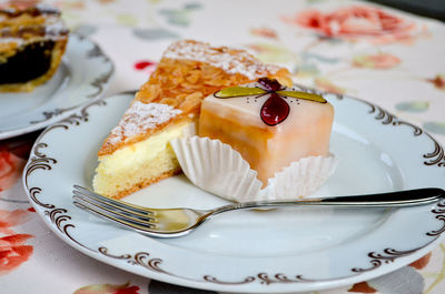 Close-up of cake in plate on table